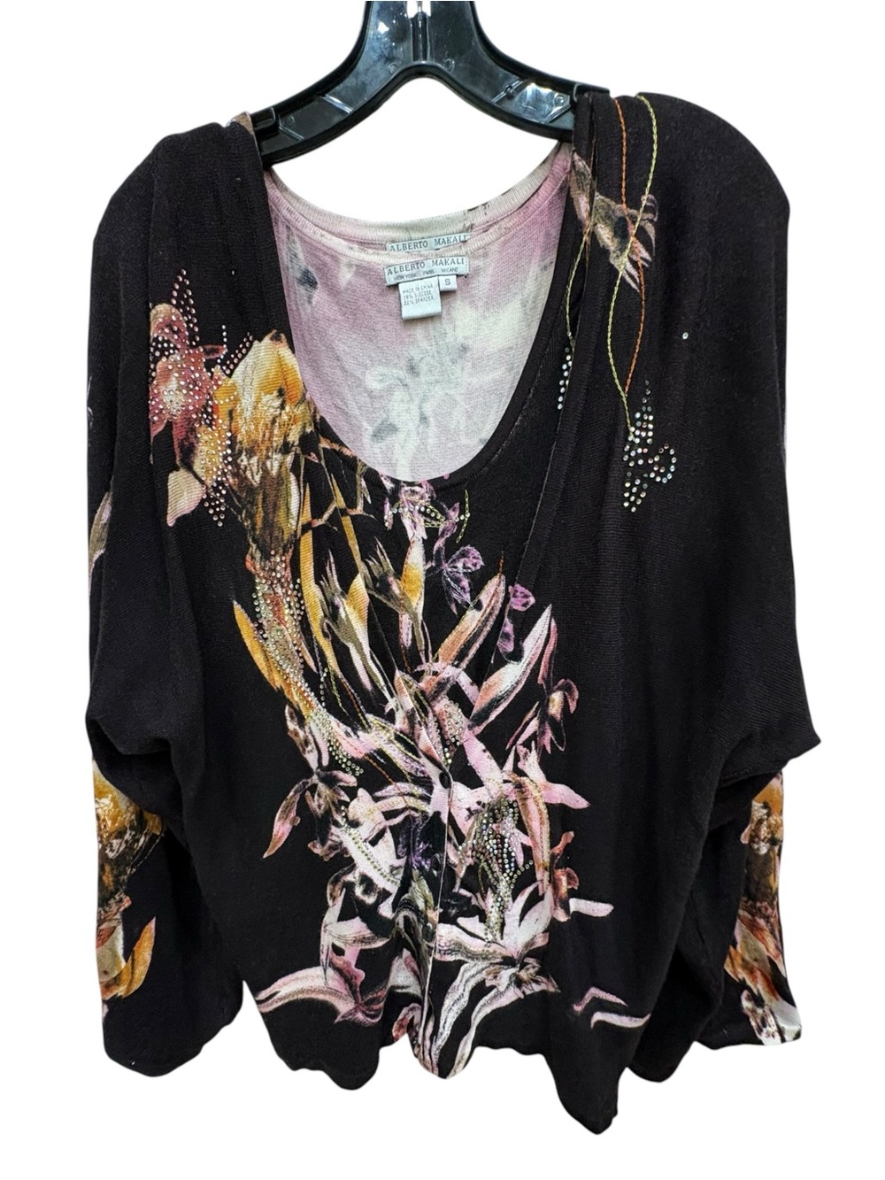 Alberto Makali Black Floral Rhinestone Dolman Sleeve Top Two-Piece Set Size S